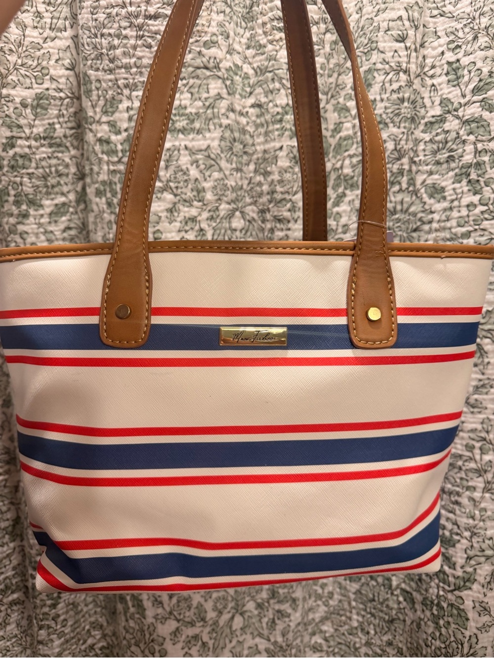 Marc Fisher white Tote with Red & Navy Stripes and Tan Handles!